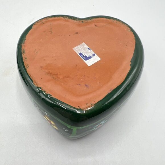 Hand Painted Mexican Redware Pottery Trinket Box Mosaic Glaze Heart Floral GLOWS - Picture 11 of 12